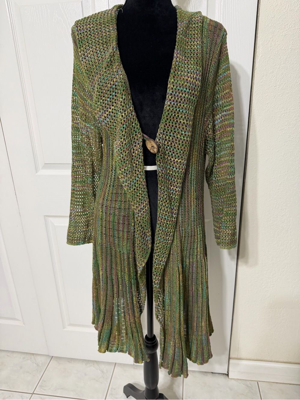 Kaktus Multitone Green Open-Front Knit Cardigan